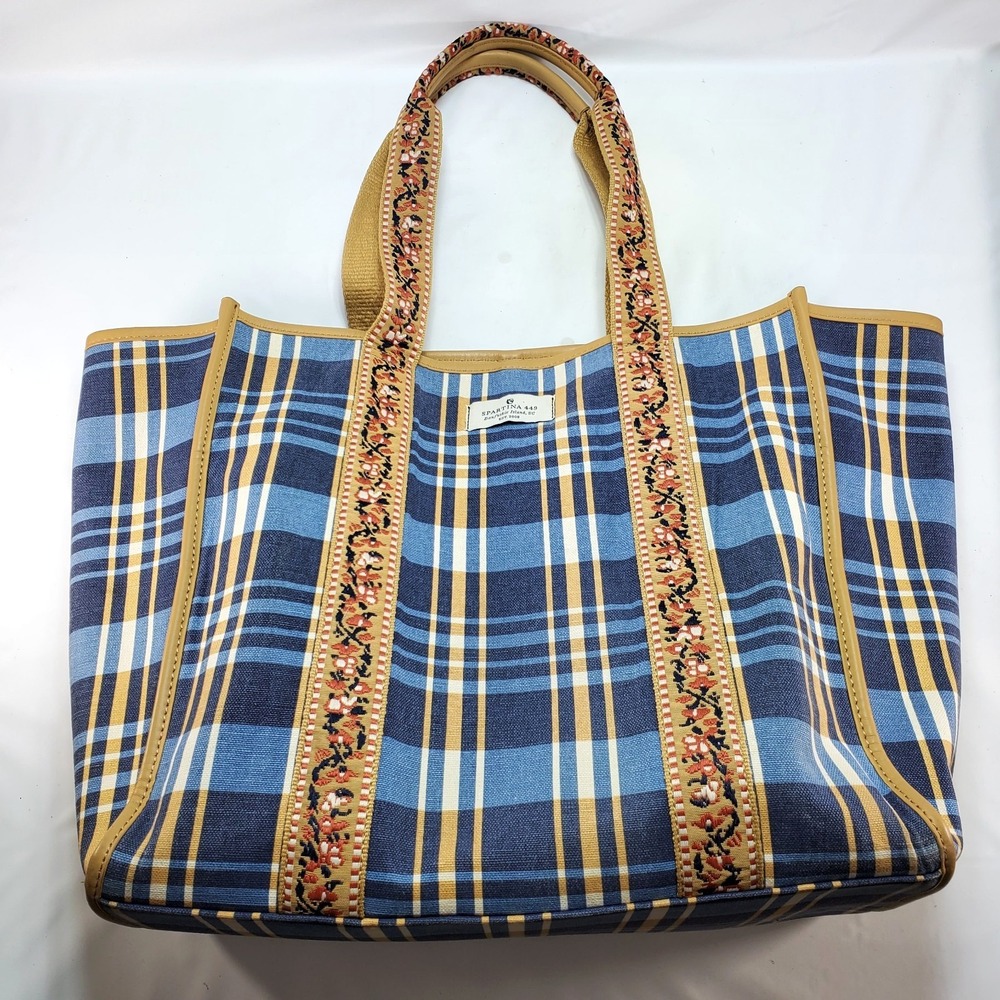 SPARTINA  449 Large Tote Kalanta Plaid Navy Blue‎ Floral Leather Trim